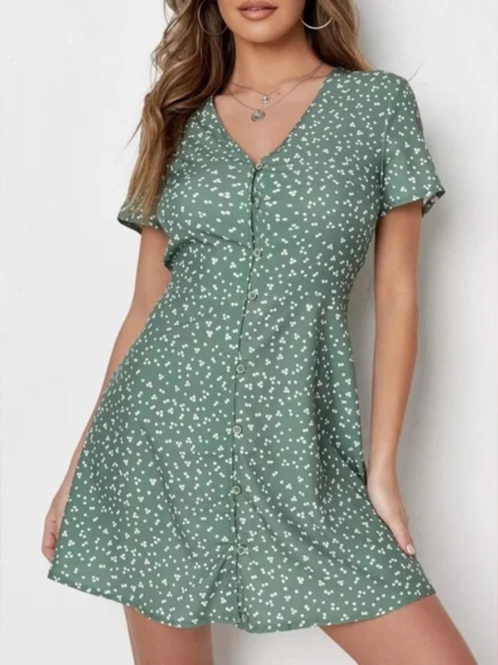 Missguided Green and White Button-Down Tea Mini Dress